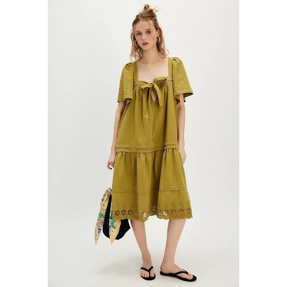 Free People Baldwin Midi Dress Lace Tiered Eyelet Embroidered Cutout S 281109